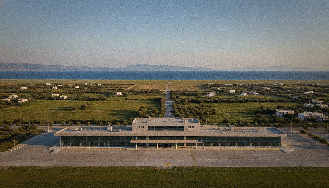 Fassade des 2021 eröffneten Terminals am Flughafen Kos bei Tag