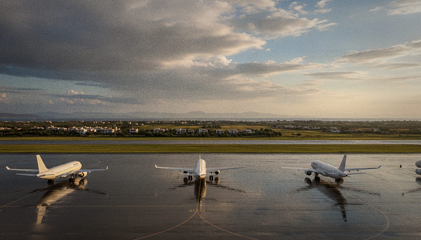 Vorfeld des Flughafens Kos mit parkenden Ferienfliegern